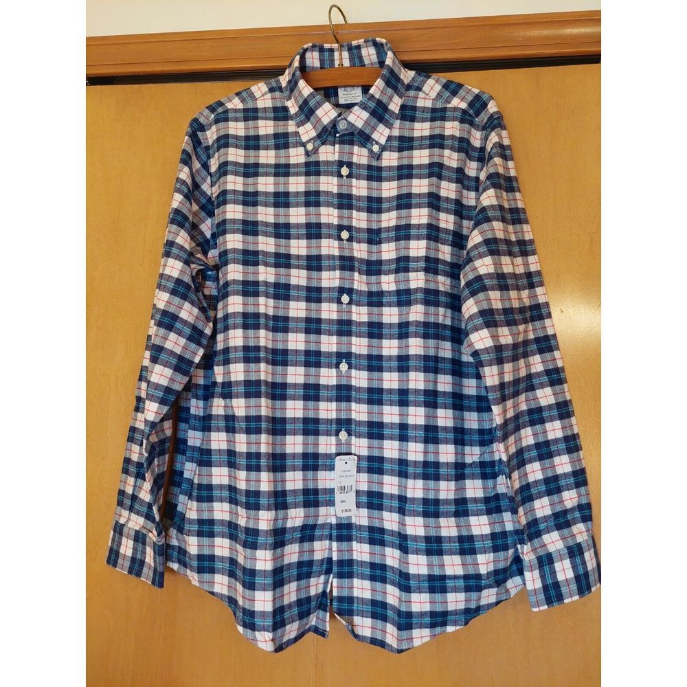 NEW! Brooks Brothers Mens Regent  Blue/White Cotton Flannel Plaid  Large $128 - Picture 6 of 7